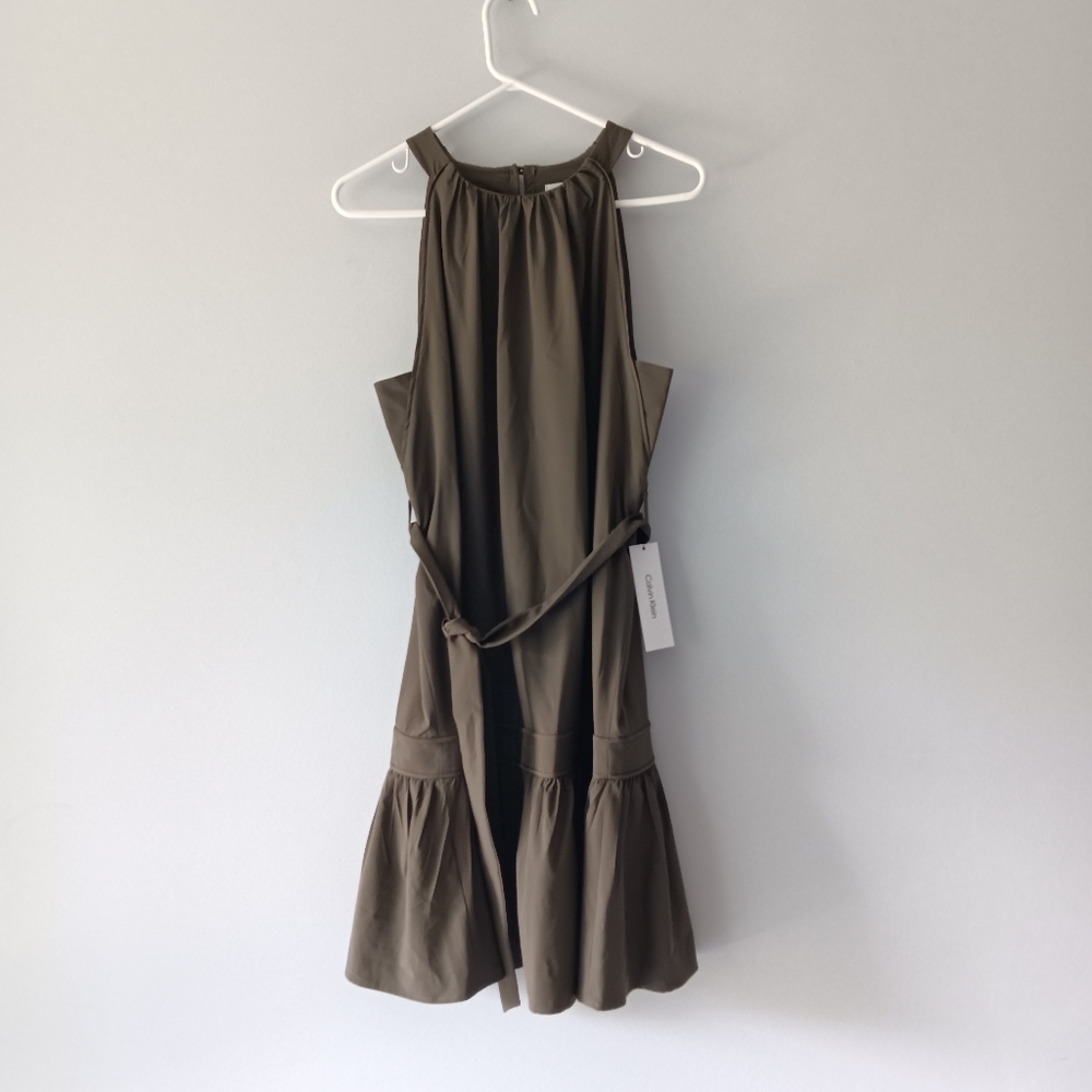 Calvin Klein Sleeveless Halter Dress Flounce Belt Knee Length Army Green Size 6